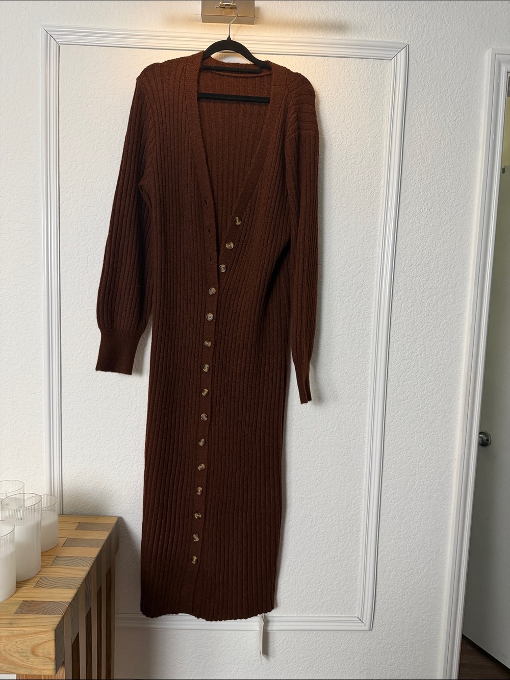 Zara Long Sleeve Ribbed Button-Front Maxi Dress in Brown
